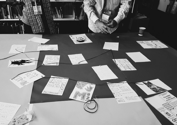 Photograph of the web pages we drew on paper being linked to each other.