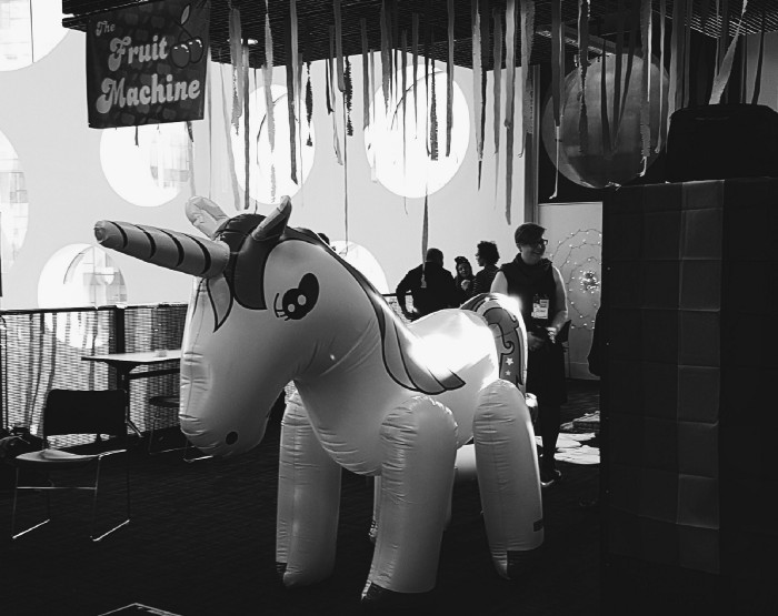 Photograph of the famous unicorn from the awesome Queering MozFest space.