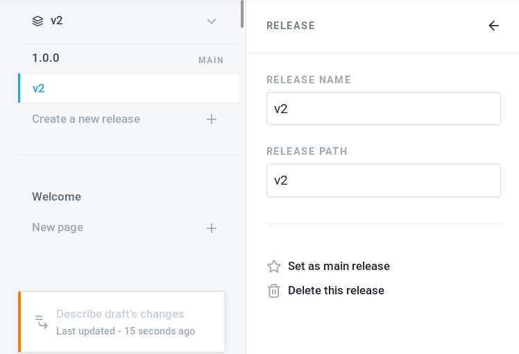 GitBook’s interface showing that our documentation has two releases: version 1.0.0 and v2