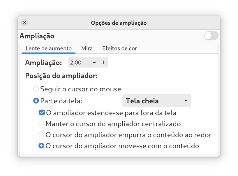 Janela de opções configuração de magnificação do GNOME 42 com a aba Lente de aumento aberta. As opções acizentadas se tornaram ativas assim que se selecionou a opção “Parte da tela”. Ainda é possível configurar o ampliador para se estender para fora da tela, mas agora você tem a opção de selecionar um dos três comportamentos do cursor: mantê-lo centralizado, fazê-lo empurrar o conteúdo ou fazê-lo se mover com o conteúdo.