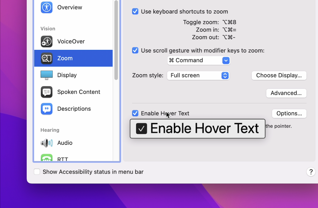 Janela de configurações de Zoom do macOS ampliada na seção de ativação de texto maior sob cursor. O texto Hover Text com a caixa de seleção ativada é ampliado pelo ponteiro.