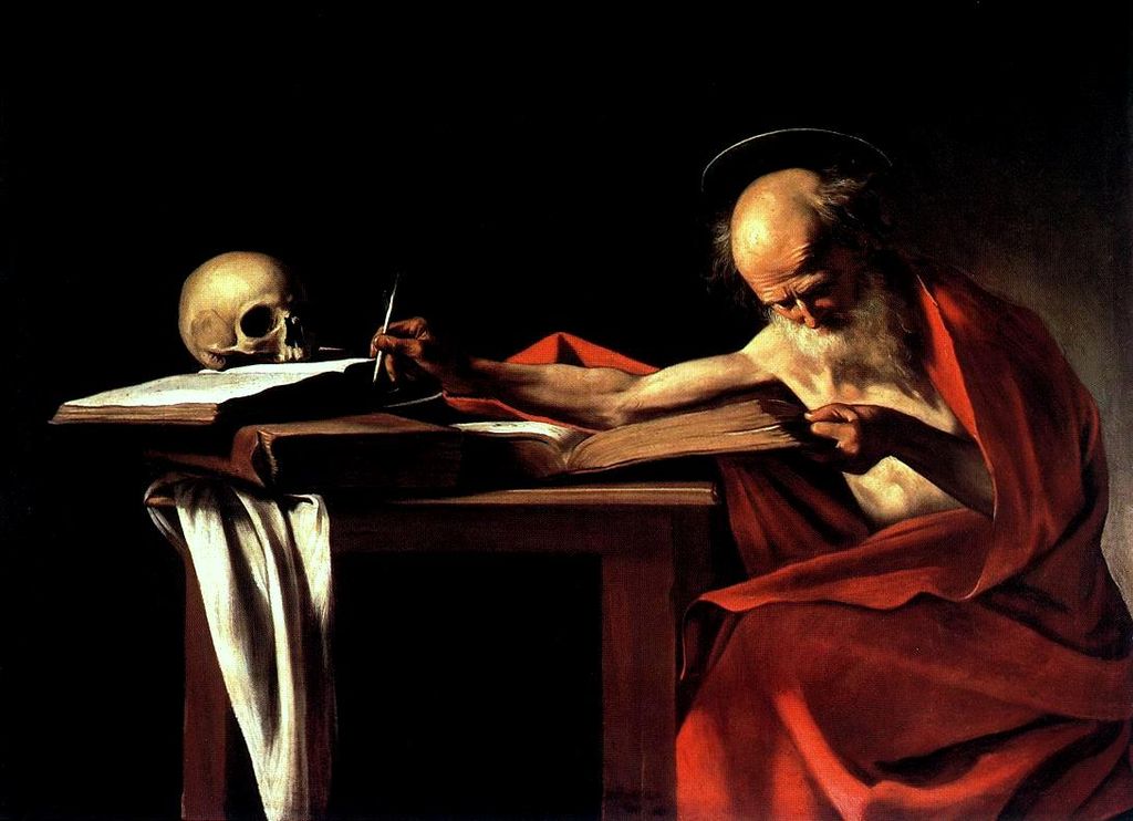 "Saint Jerome", by Caravaggio. The painting depicts Saint Jerome, a Doctor of the Church in Roman Catholicism and a popular subject for painting, even for Caravaggio, who produced other paintings of Jerome in Meditation and engaged in writing. In this image, Jerome is reading intently, an outstretched arm resting with quill. It has been suggested that Jerome is depicted in the act of translating the Vulgate.