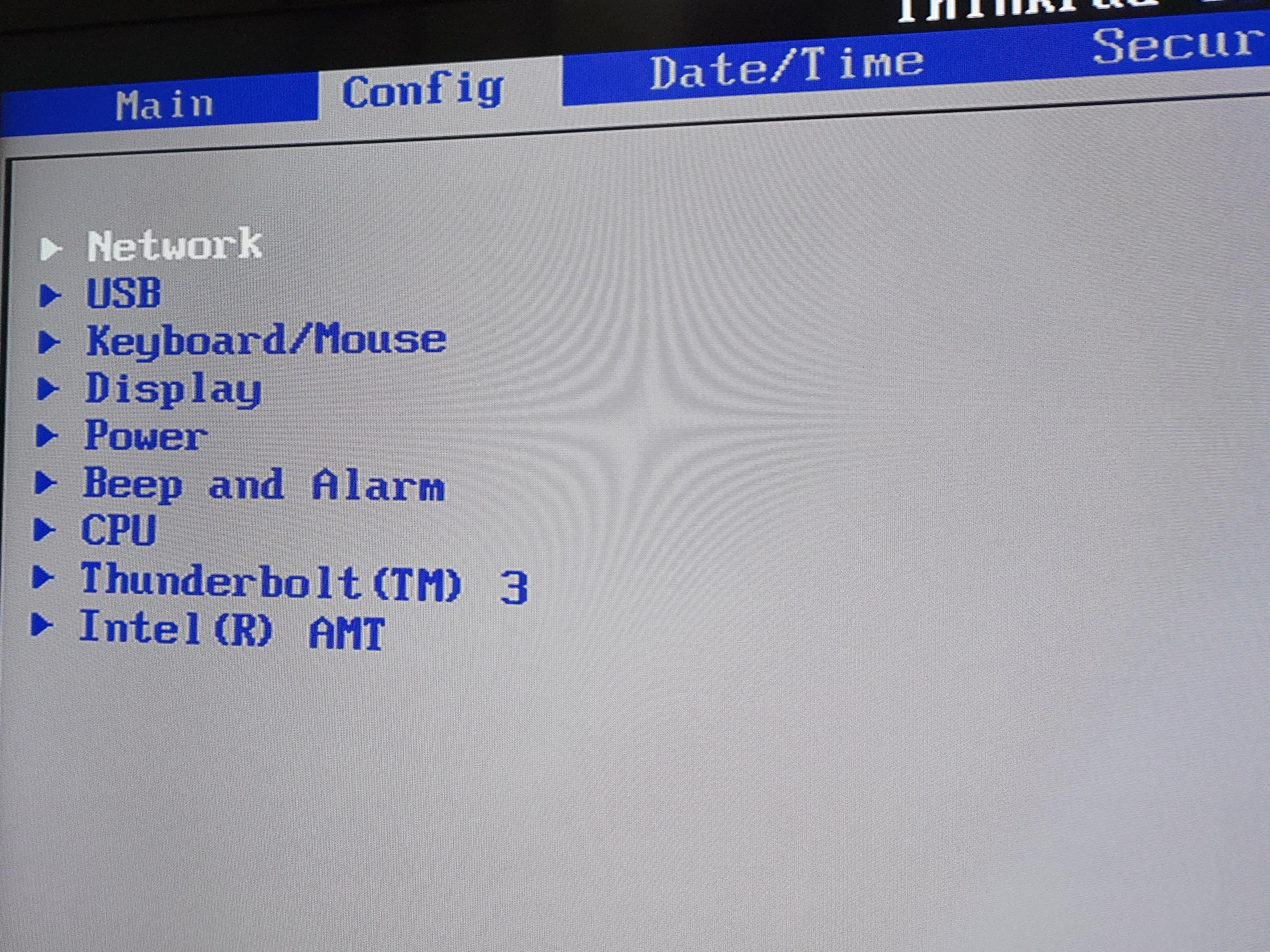 A BIOS do meu ThinkPad com a aba Config aberta. A primeira opção disponível se chama Network.