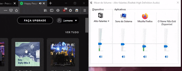 Uma tela dividida entre o Spotify e os controles de volume do Windows demonstra a rolagem de uma página e o controle de todos os controles deslizantes através da roda do mouse.