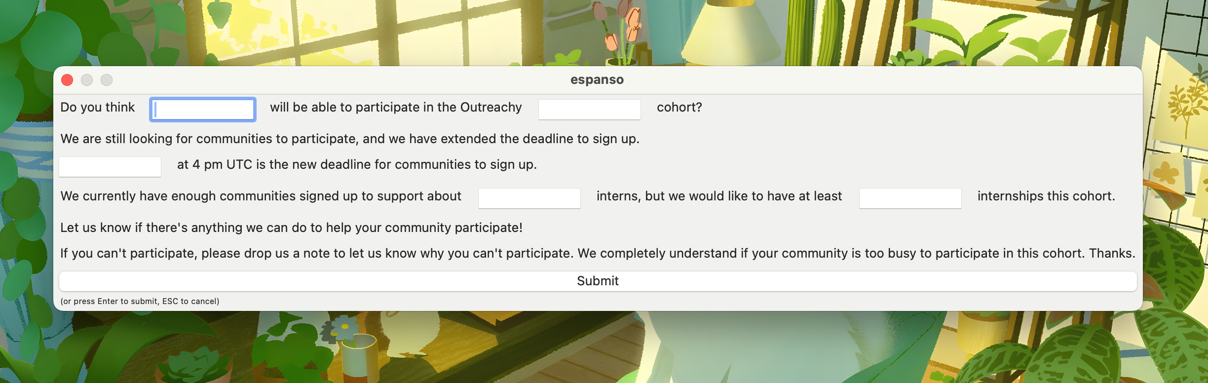 A screenshot of a form window of an email sent to mentoring organizations asking if they intended to participate in the December cohort. The long paragraphs create a wide window.